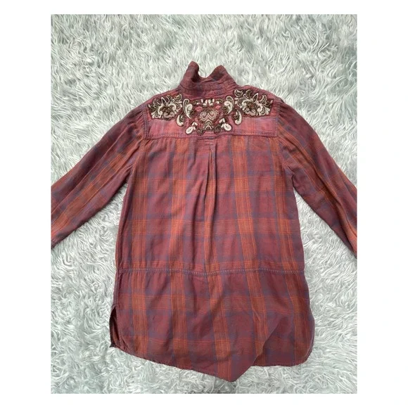 Free People Stevie's Embellished Flannel Plaid Shirt Sequin Sz L - Picture 2 of 4